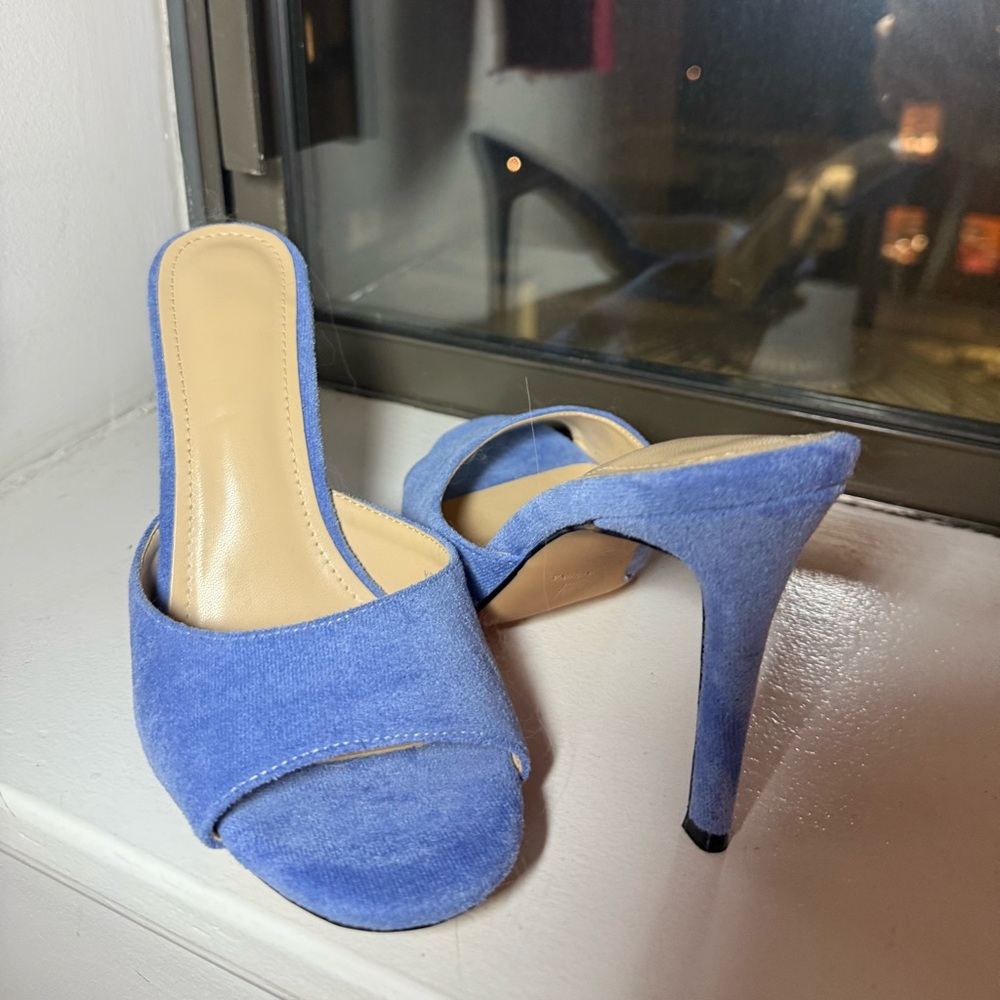 Suede Stiletto Mule Heels – Blue (Never Worn)